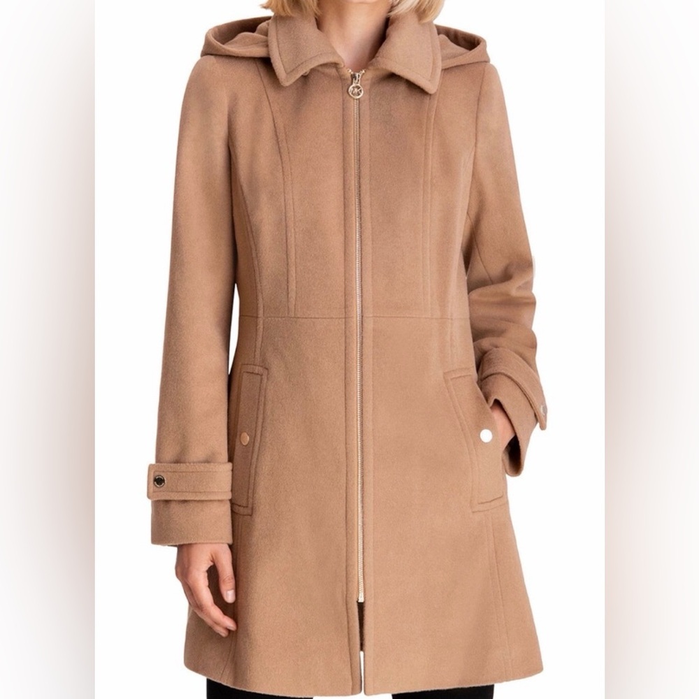 MICHAEL Michael Kors Camel Hooded Zip-Front Wool-Blend Trench Coat Petite Small